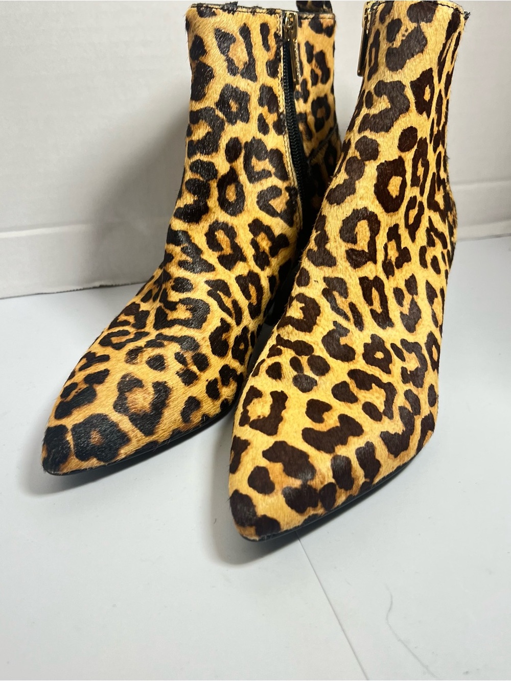 Franco Sarto Leopard Print Pointed Toe Ankle Boots in Yellow and Brown